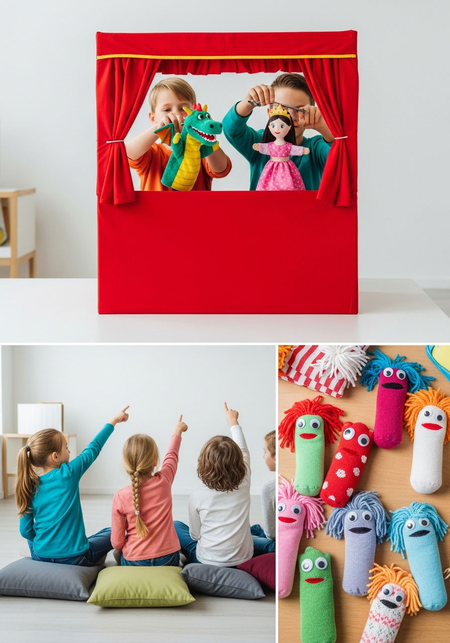 Children performing puppet show with handmade puppets at creative indoor birthday party