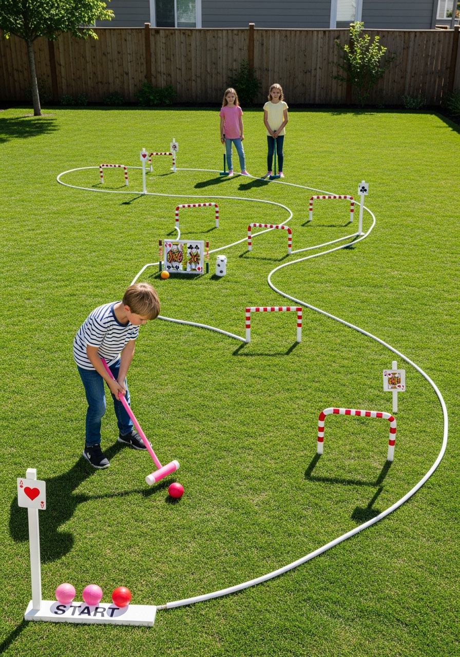 Queen of Hearts croquet game course with red and white striped wickets for Alice in Wonderland birthday party