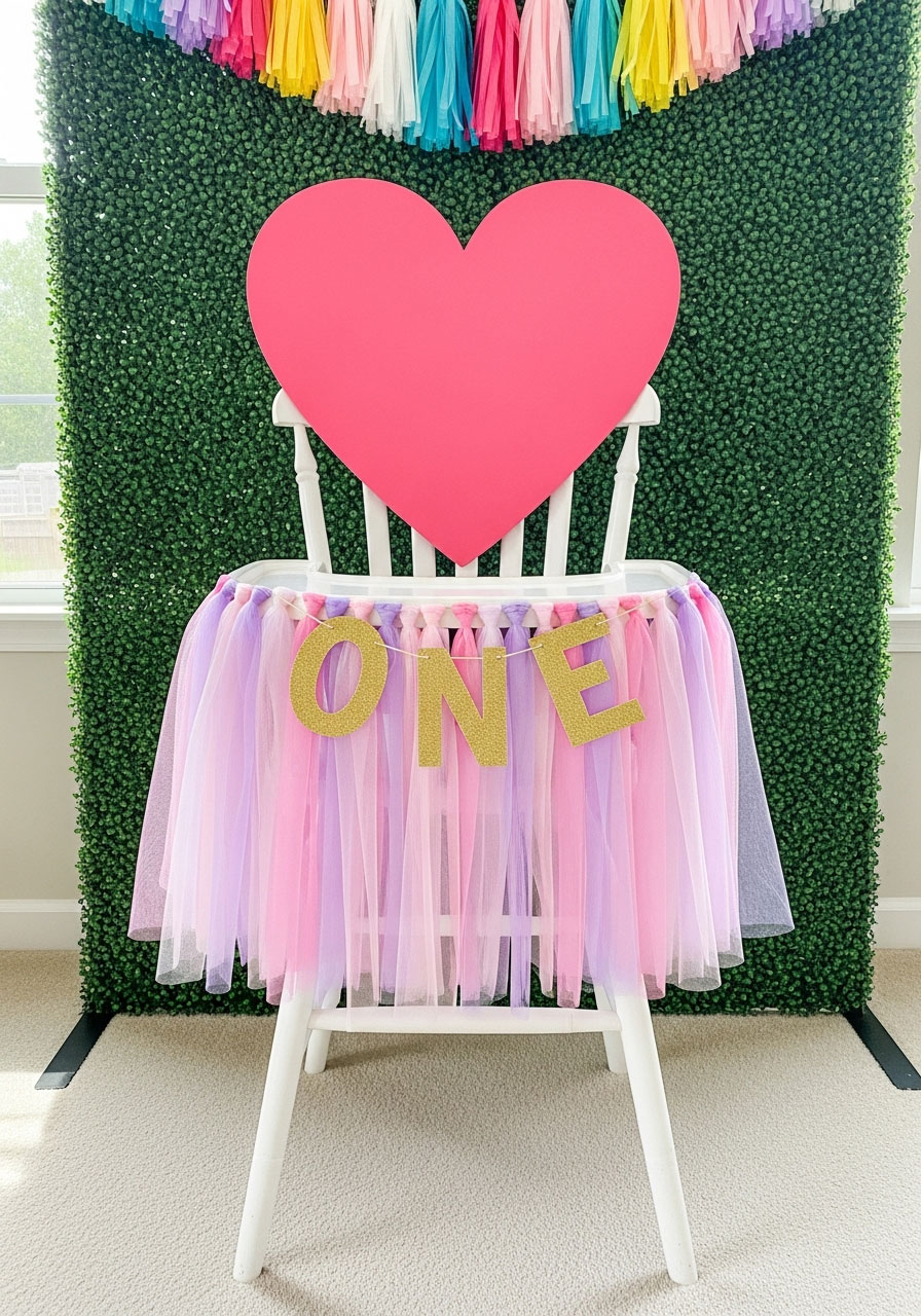 Decorated high chair throne with heart-shaped back and tulle for Alice in Wonderland Onederland first birthday party