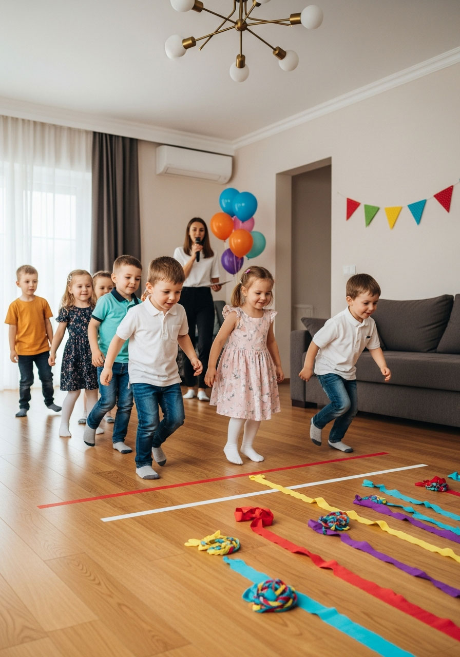 Preschool children playing Race to the Truth ice breaker game at indoor birthday party with kids stepping forward in line