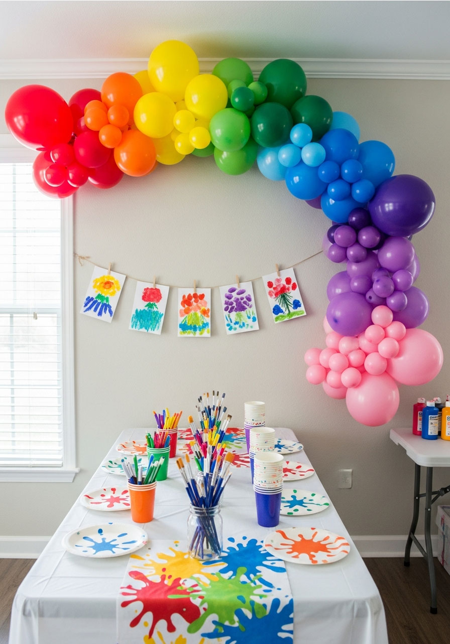 Rainbow balloon garland decoration with art-themed centerpiece and children's paintings displayed at DIY art birthday party