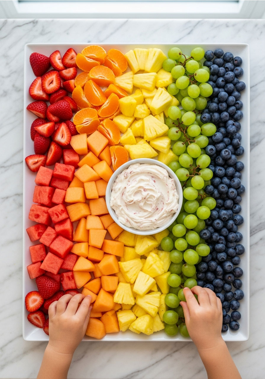 Colorful rainbow fruit platter arranged by color with dip for kids art themed birthday party healthy snack