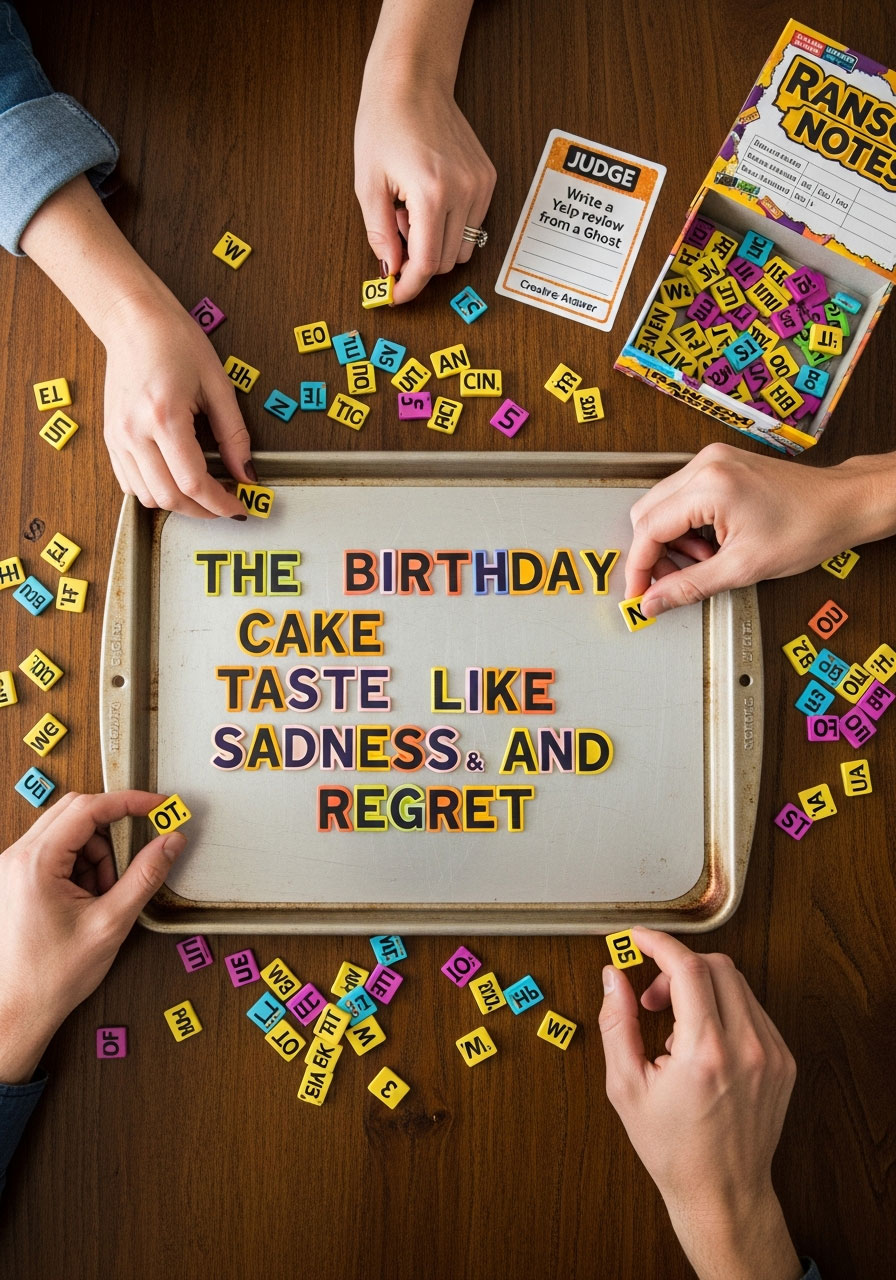 Ransom Notes magnetic word game at birthday party showing funny phrase created with random word tiles on metal surface