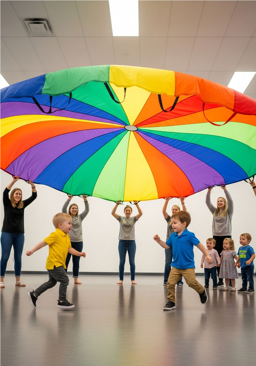 Two toddlers running under raised parachute switching places during Red Rover birthday party game