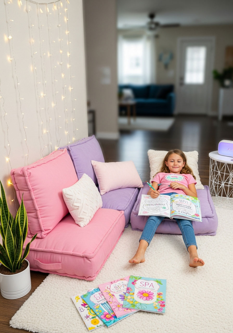 Girl relaxing in cozy zen zone corner with cushions, coloring books, and fairy lights at spa party