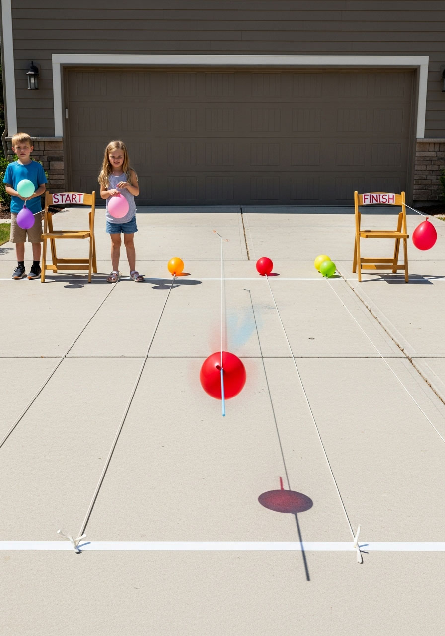 Children racing balloon rockets on fishing line strings during outdoor space birthday party game with motion blur effect