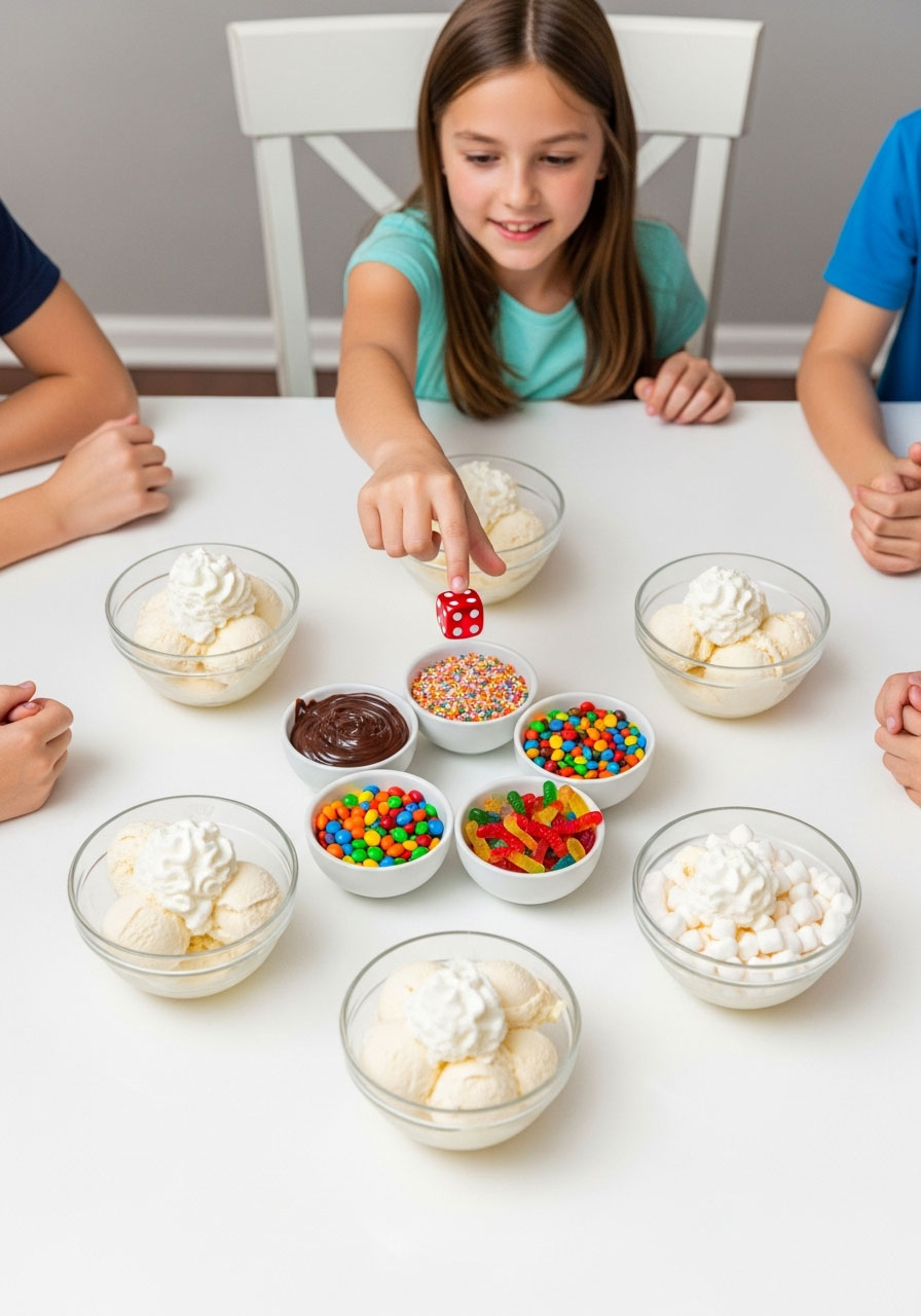 10-year-olds playing Roll a Sundae birthday party game with ice cream bowls, toppings, and dice on dining table