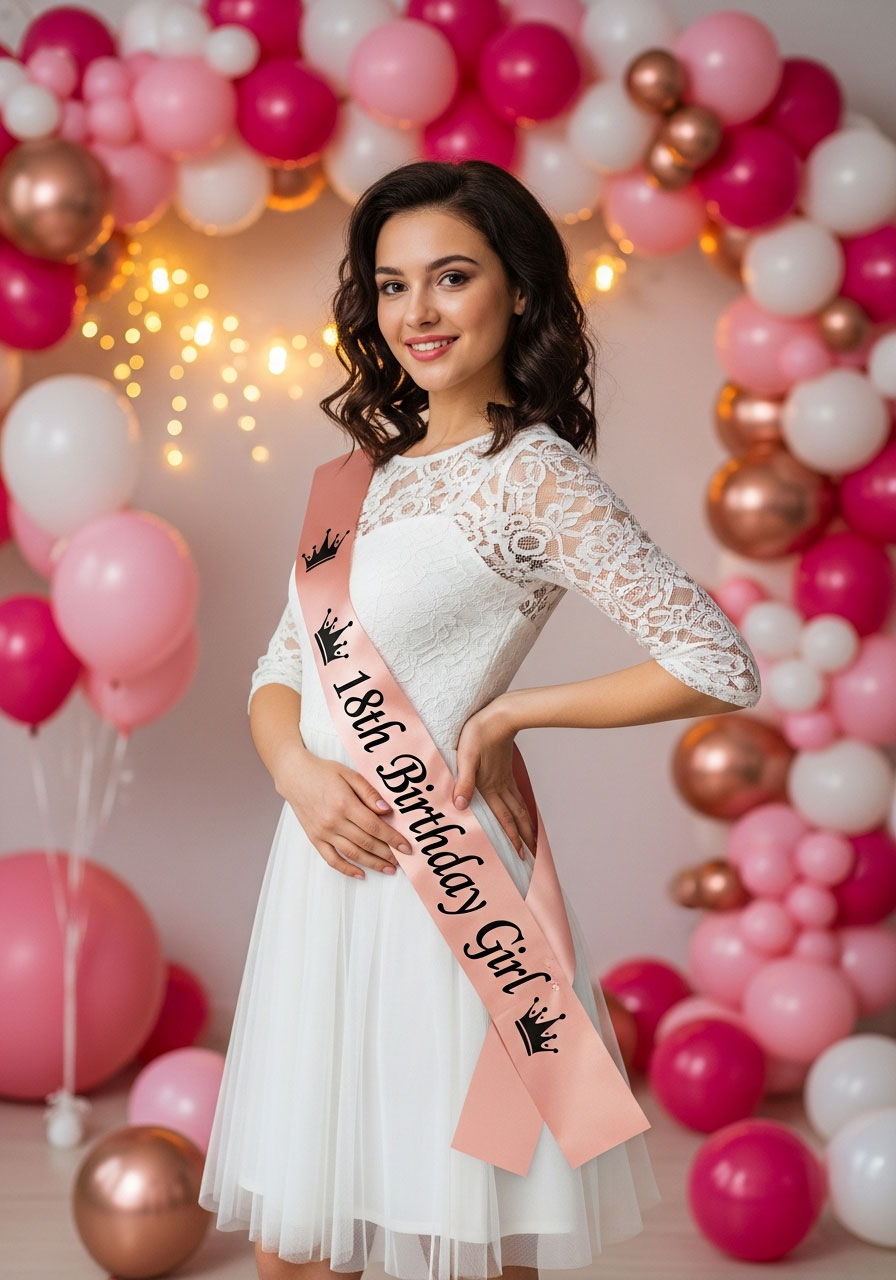 Birthday girl wearing rose gold 18th birthday sash at party celebration