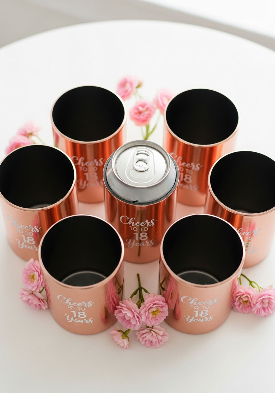 Rose gold personalized can holders with Cheers to 18 Years as birthday party favors
