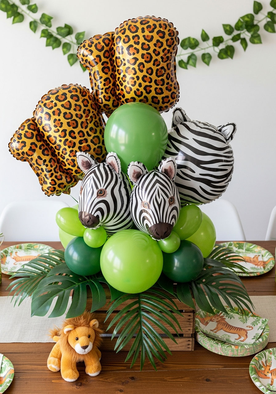 Safari themed balloon centerpiece with animal print balloons and tropical greenery for jungle birthday party