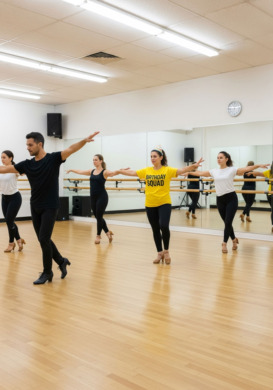 Group learning salsa dance moves during birthday dance class in mirrored studio