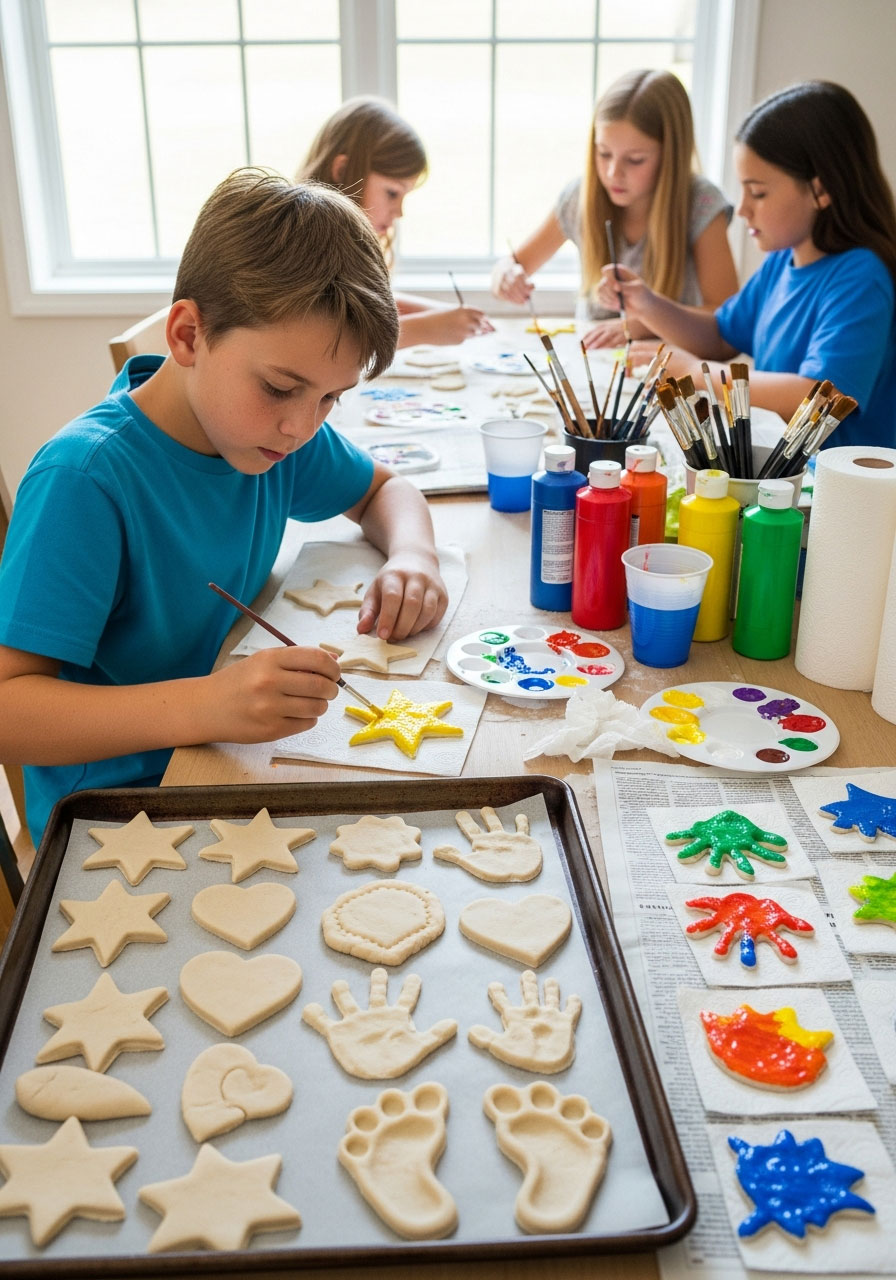 Children painting pre-baked salt dough shapes with acrylic paints as party favor craft at birthday party table