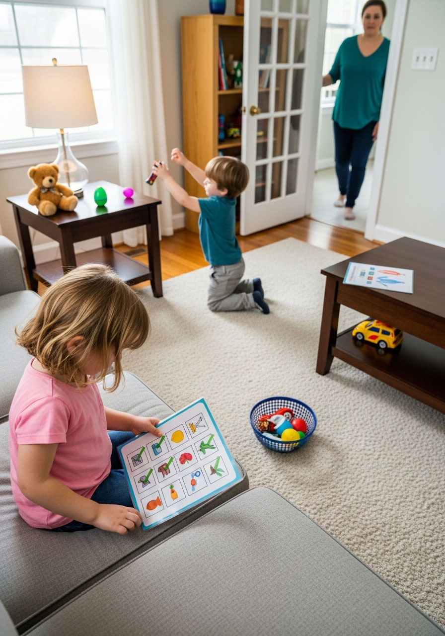 Toddlers searching for hidden items with picture checklist during birthday scavenger hunt game