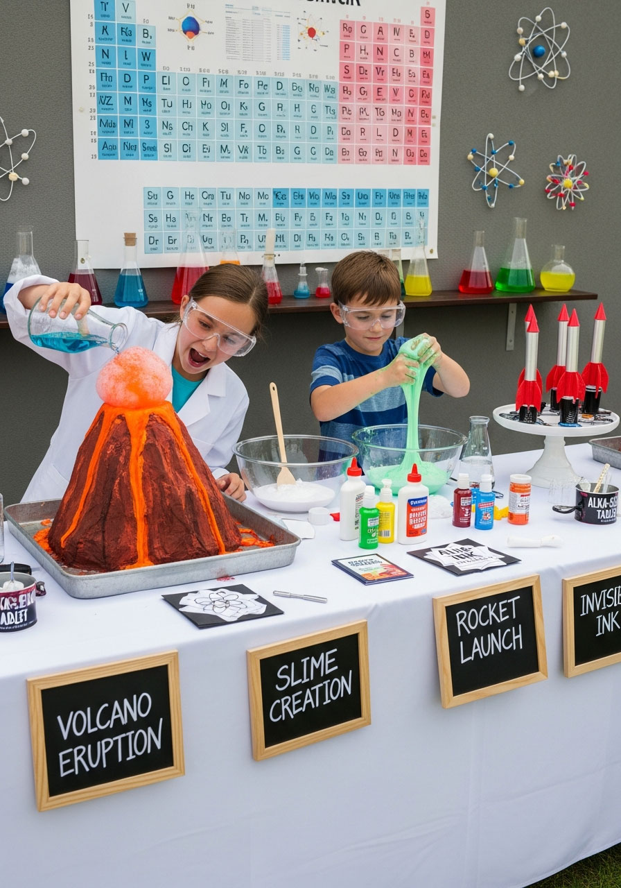 Kids doing volcano eruption and slime experiments at science lab outdoor birthday party wearing lab coats and safety goggles
