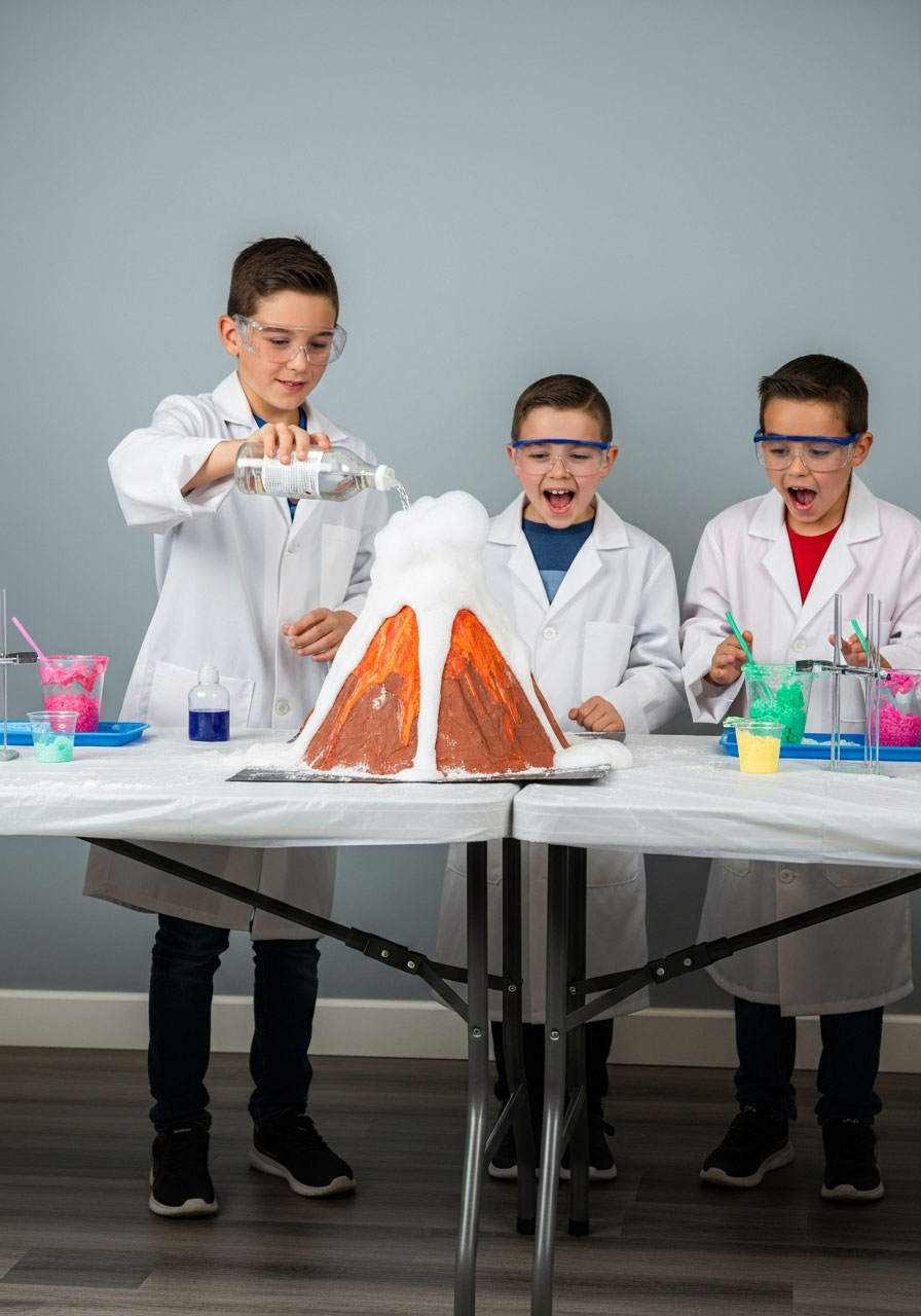 Kids in lab coats watching exciting volcano eruption experiment at indoor science-themed birthday party