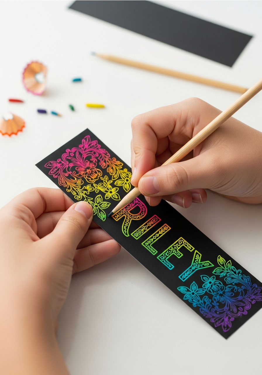 Child creating rainbow scratch art bookmark with wooden stylus at art birthday party craft activity