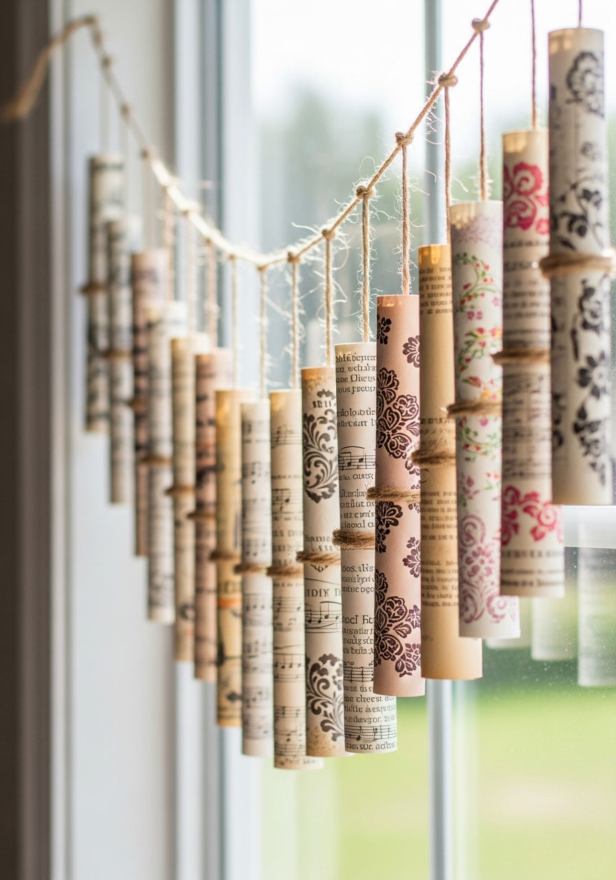DIY bohemian scroll garland with vintage sheet music and book pages hanging on twine - artistic birthday party decoration
