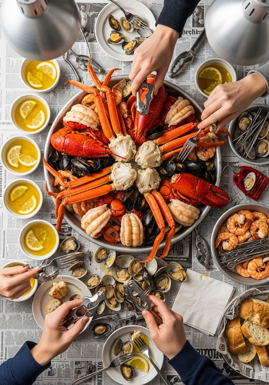 Overhead view of elaborate seafood feast with lobster tails, crab legs, mussels, shrimp, melted butter, and seafood tools for adult birthday celebration