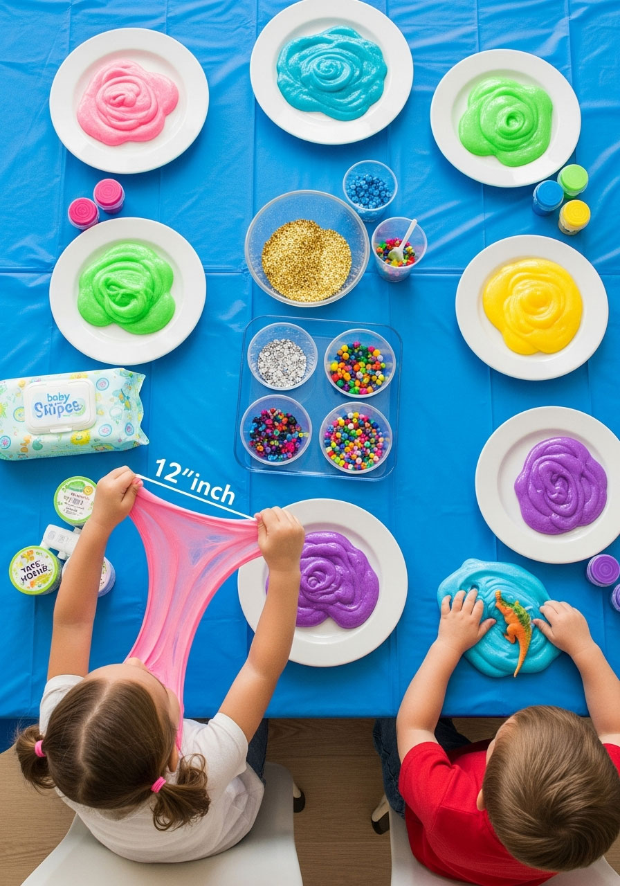 Toddlers playing with colorful slime at sensory activity station during indoor birthday party