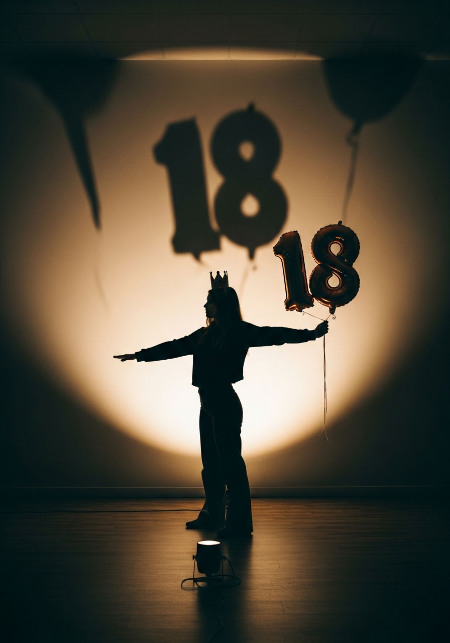 Dramatic shadow photoshoot with spotlight and birthday crown for aesthetic 18th birthday photo idea