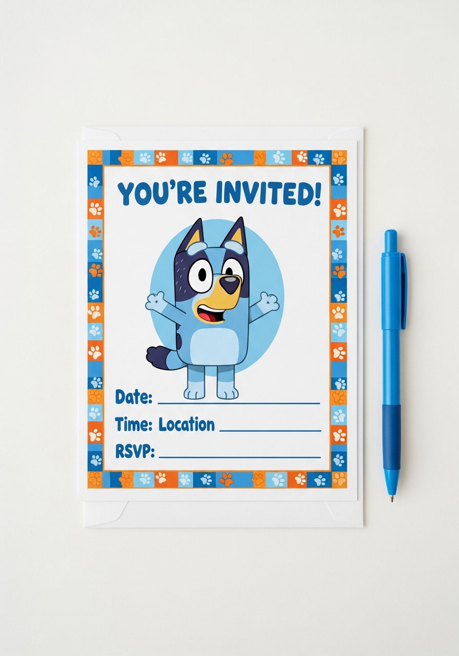 Simple Bluey birthday party invitation card with character illustration and party details on white cardstock
