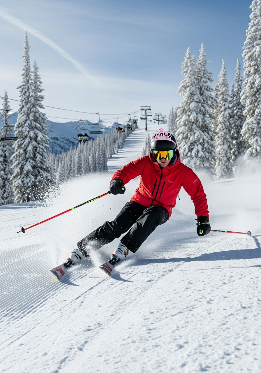Woman wearing birthday tiara skiing down snowy mountain slope with powder spray