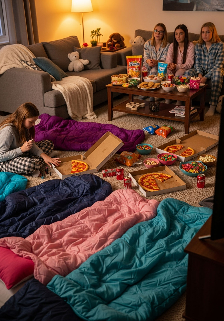 Teen birthday sleepover party with sleeping bags, pajamas, snacks, movies and friends in cozy living room at home