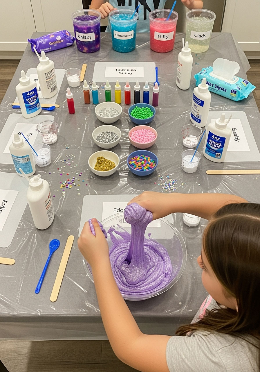 Girl making purple glitter slime at organized science station with ingredients and completed slime examples at birthday party