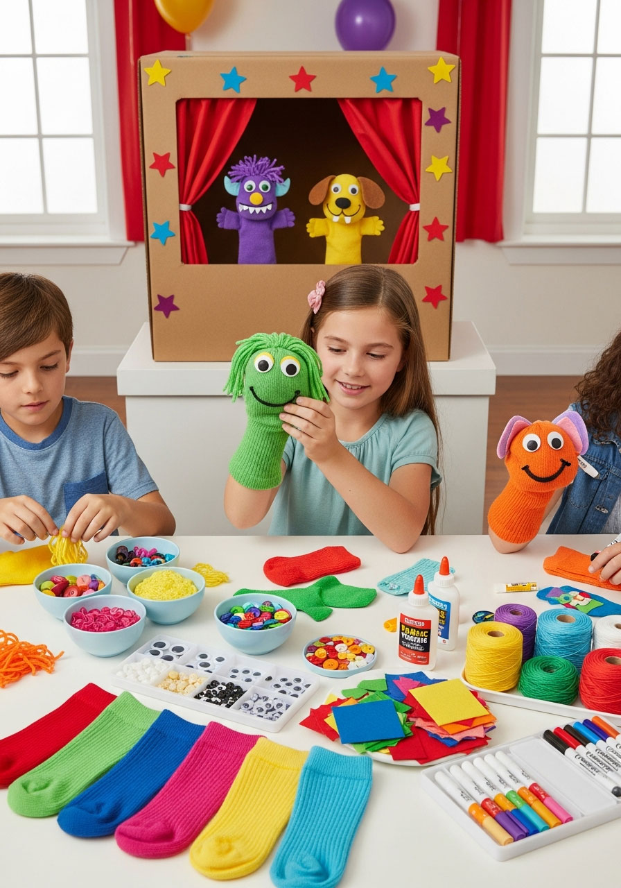 Children making sock puppets at craft table with supplies and cardboard puppet theater in background at birthday party