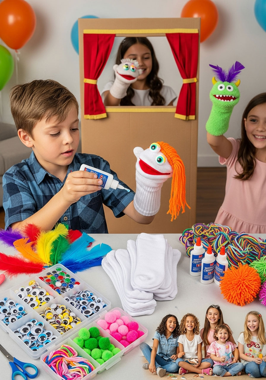 Children making sock puppets with googly eyes and feathers at birthday craft station with puppet theater