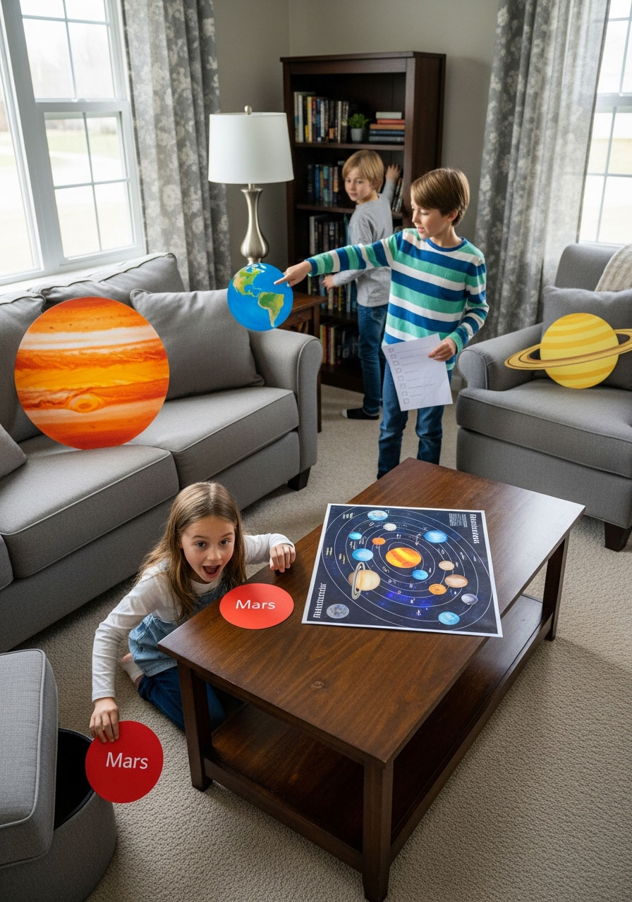 Kids searching for hidden cardboard planet cutouts during indoor solar system scavenger hunt at space birthday party
