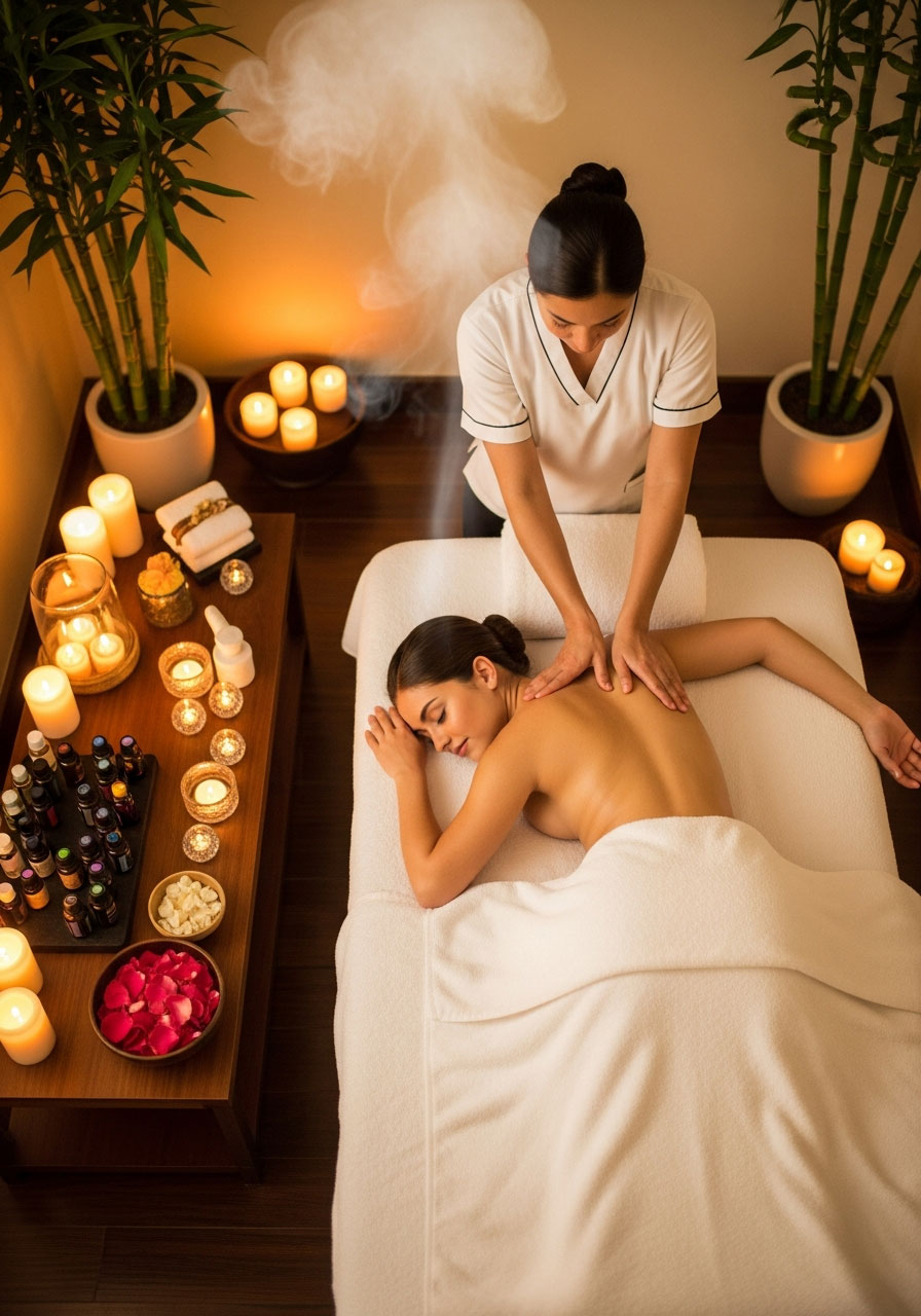 Woman receiving relaxing massage during birthday spa day with candles and essential oils