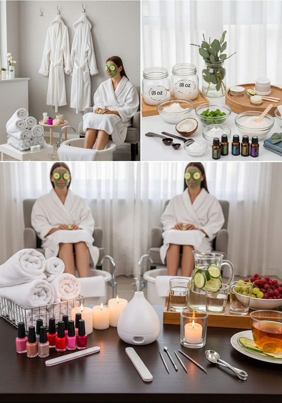 Spa day birthday party with DIY sugar scrub station, pedicure setup, face masks, robes, nail polish, and refreshments in relaxing home spa environment