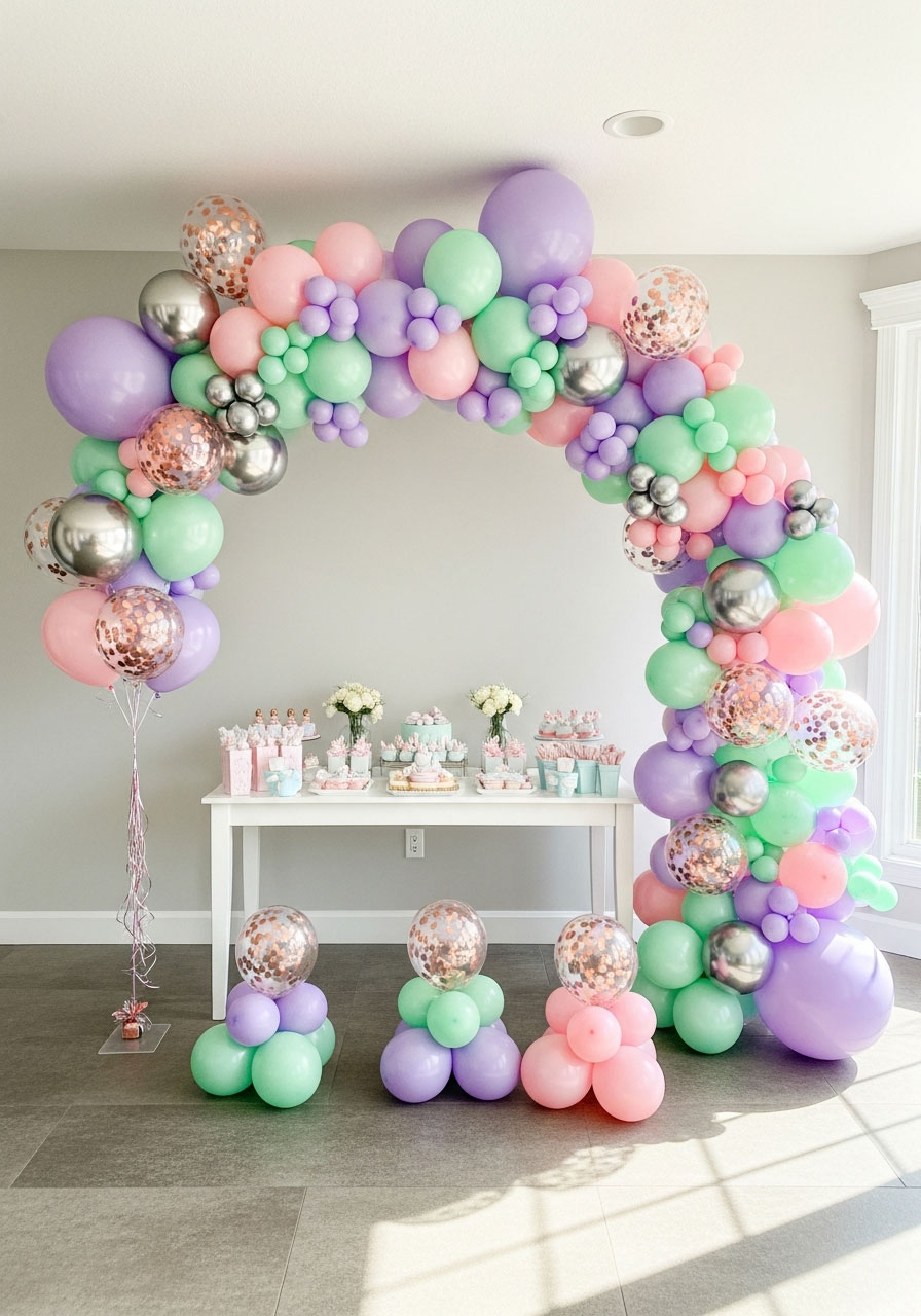 Large pastel balloon arch in lavender, mint, and pink colors over spa birthday party dessert table