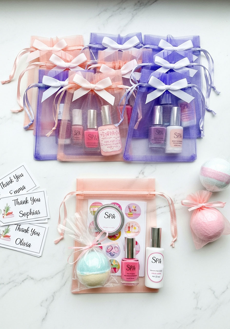Pink and lavender organza favor bags filled with spa-themed gifts for kids birthday party guests