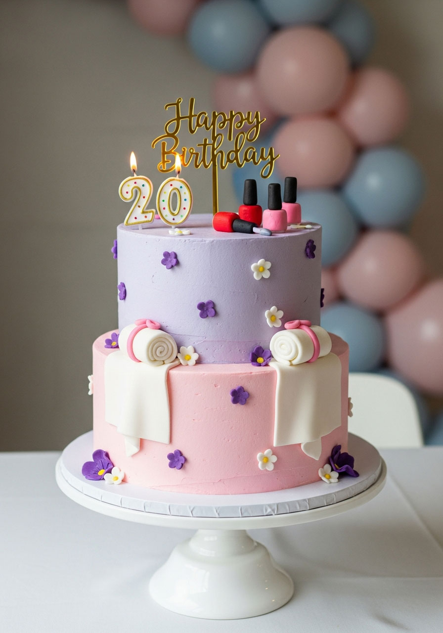 Two-tier spa birthday cake with fondant towels, nail polish decorations, and edible flowers