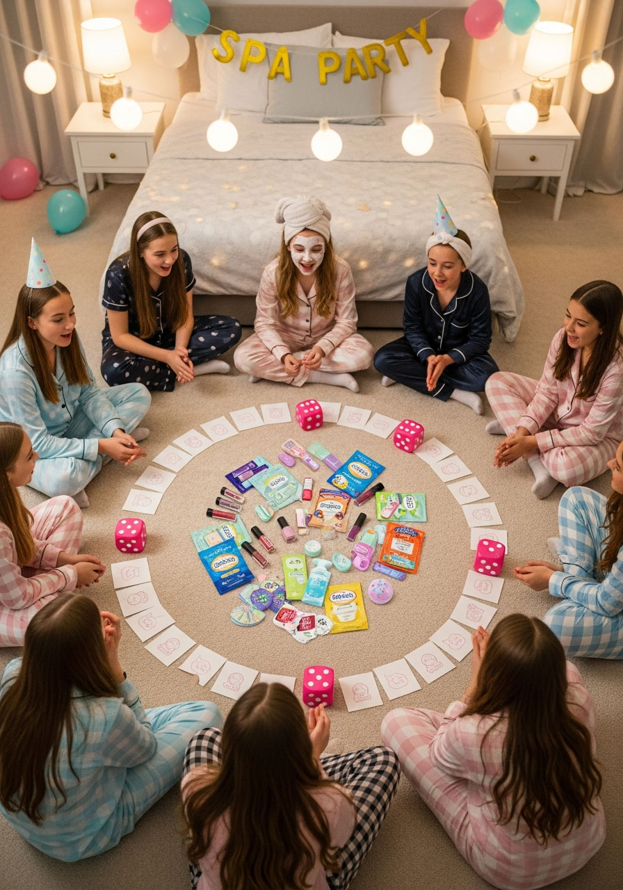 Teenage girls playing candy bar game variation with nail polish and beauty products at spa themed birthday party instead of candy