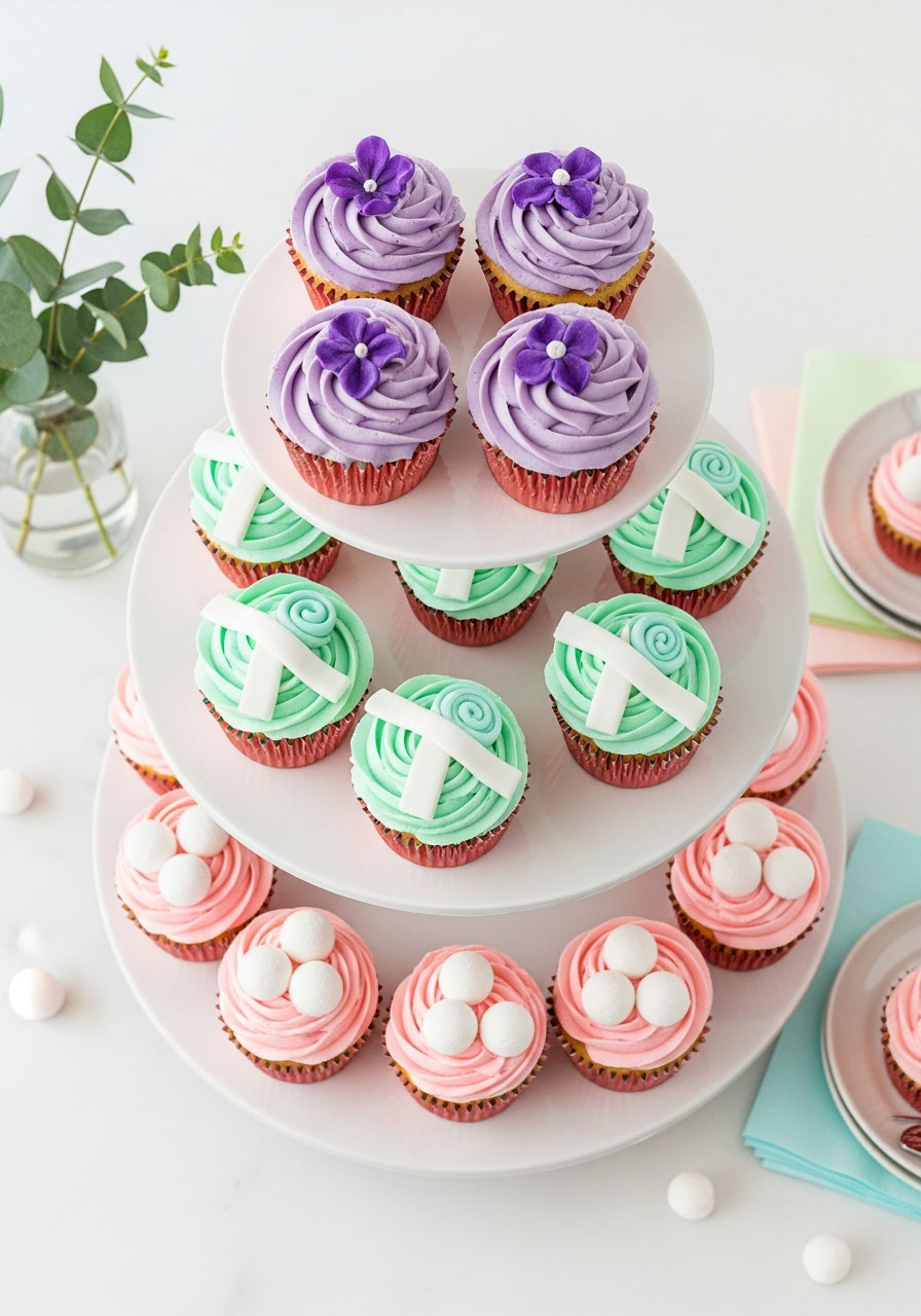 Spa-themed cupcakes with lavender frosting, edible flowers, and bath bomb decorations on display