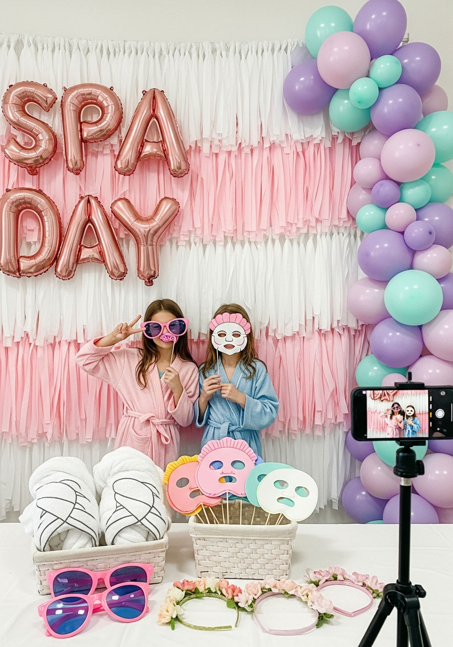 Girls posing at spa birthday party photo booth with backdrop, balloons, and themed props