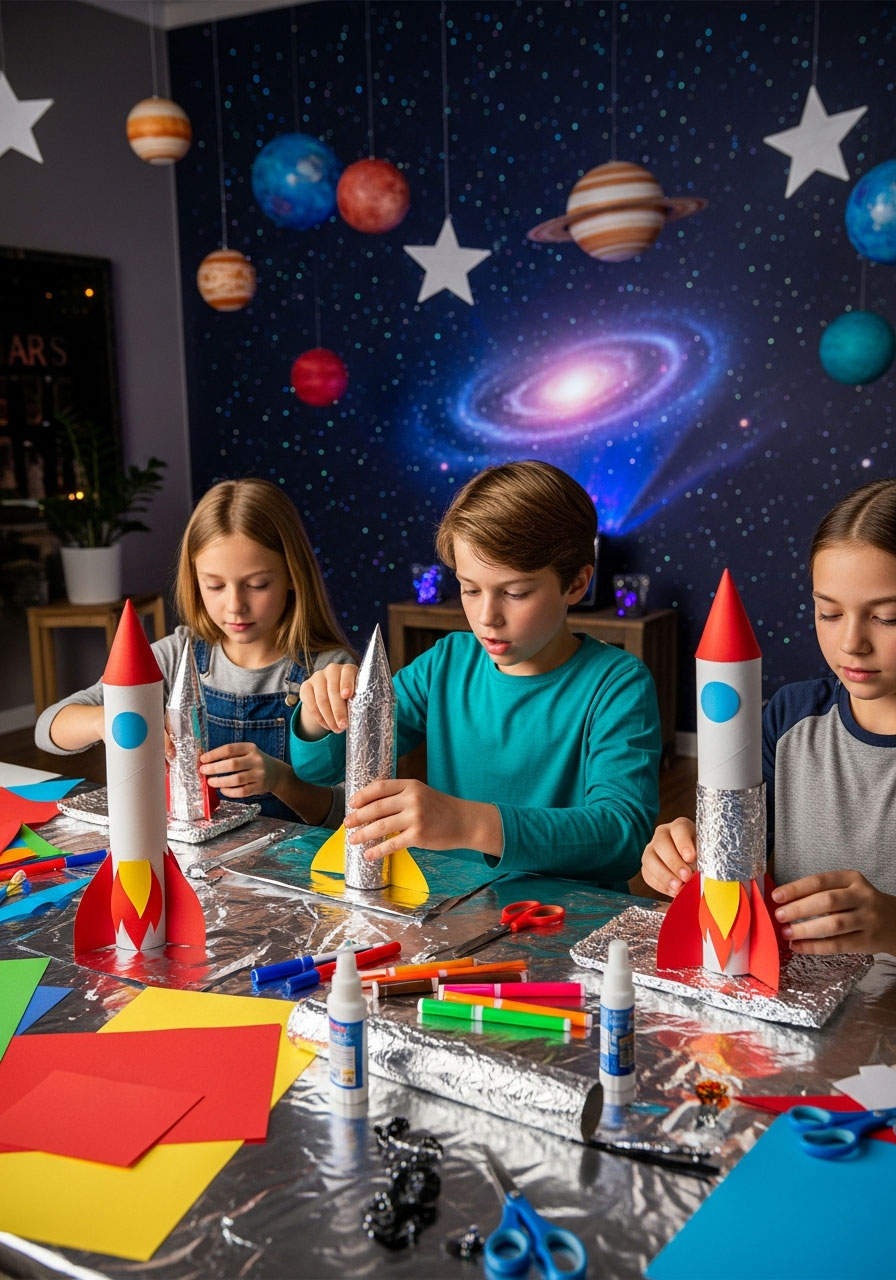 Children building cardboard rockets with aluminum foil at space-themed indoor birthday party