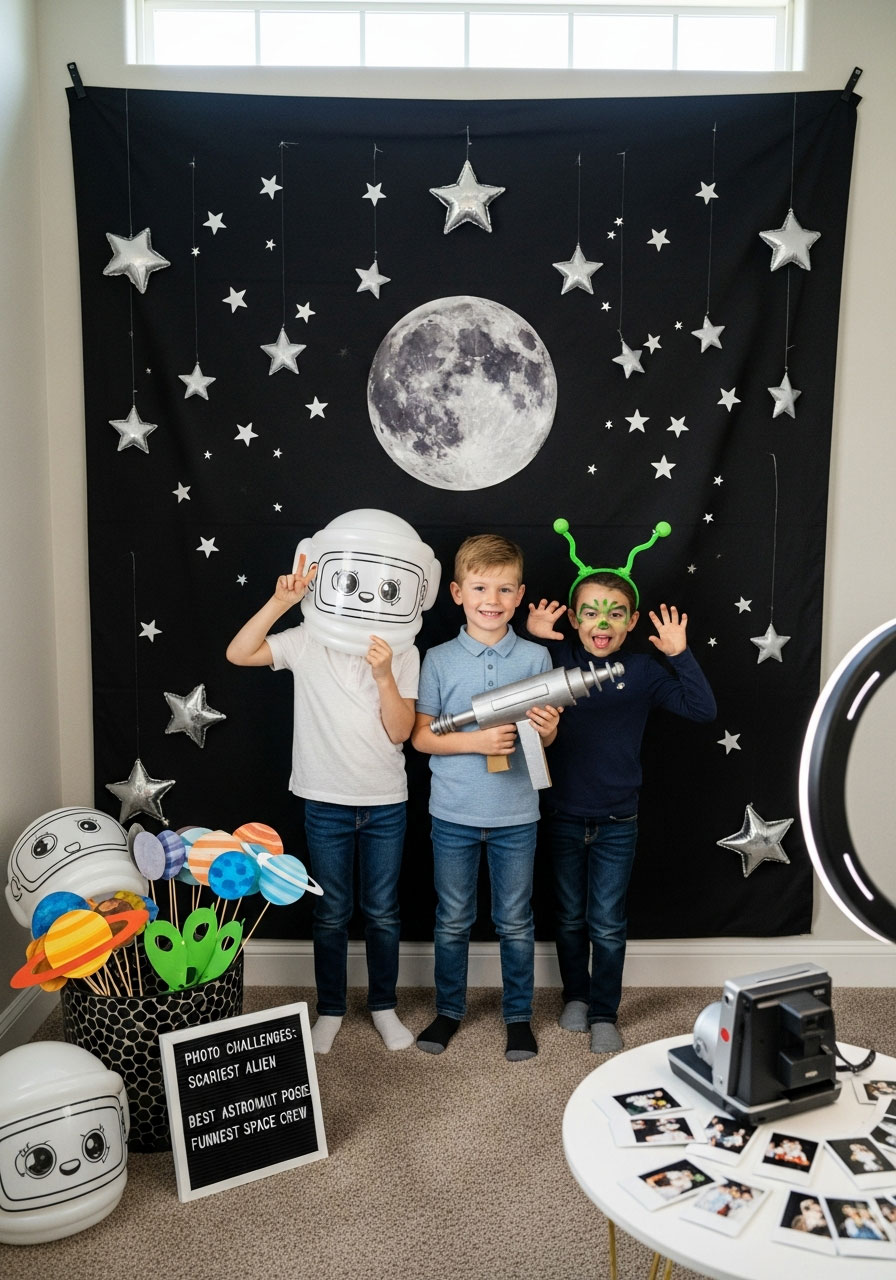 Kids posing with astronaut helmets and props at space-themed photo booth with star backdrop at birthday party