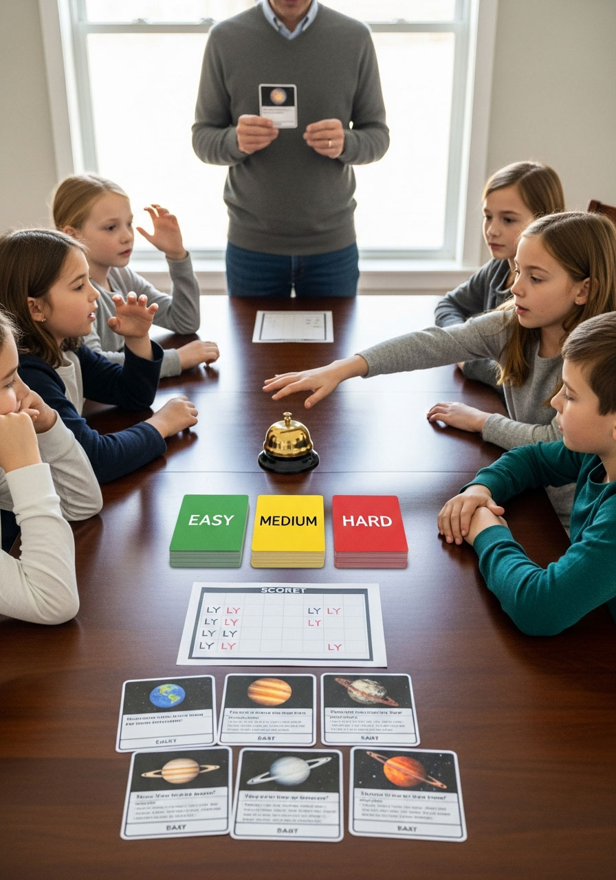 Children playing space trivia quiz game at dining table with question cards and buzzer during birthday party