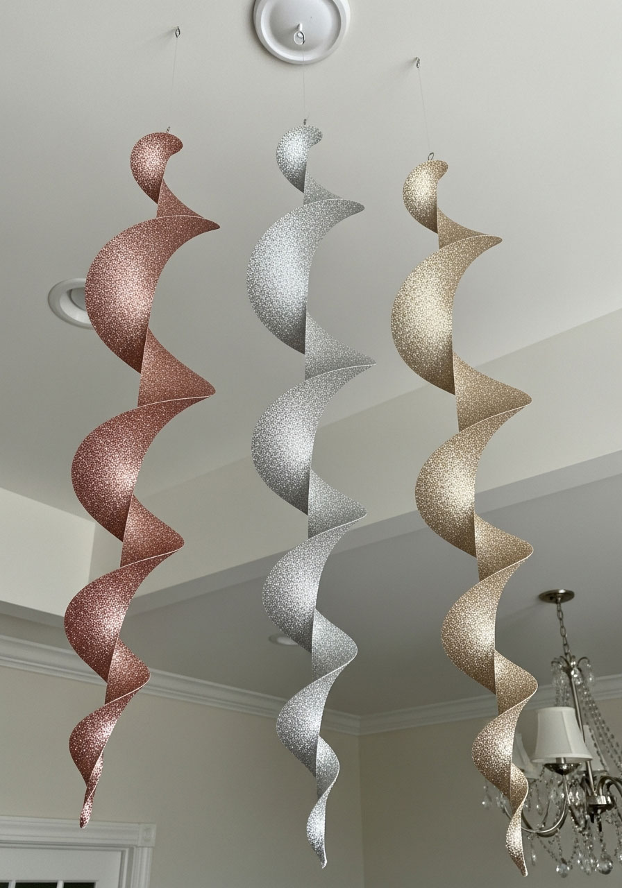 Glitter spiral mobiles in rose gold and silver hanging from ceiling at various heights - elegant DIY birthday party decoration