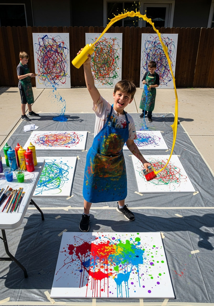 Boy squeezing yellow paint mid-air onto canvas at outdoor splatter paint birthday party station
