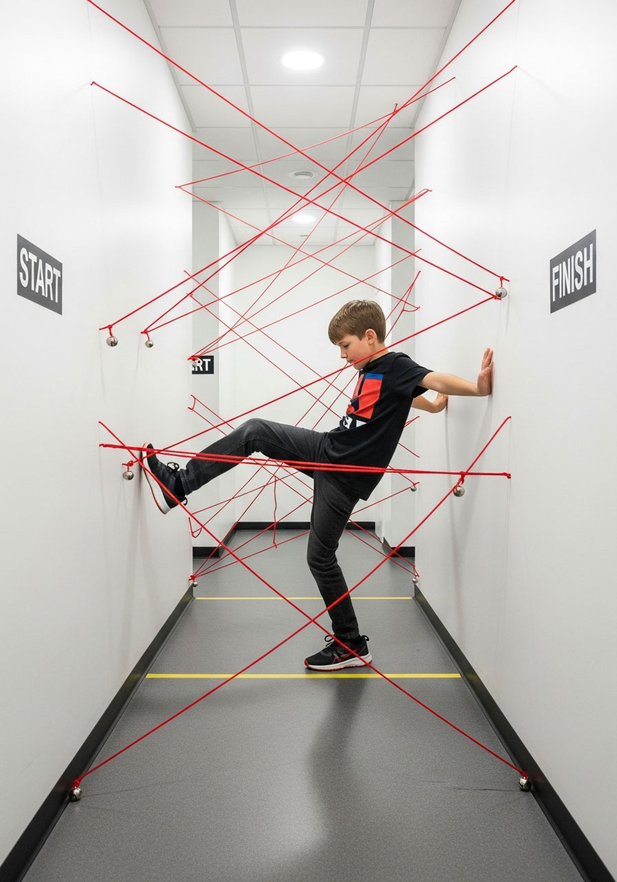 Child navigating through red yarn laser maze obstacle course in hallway at spy-themed birthday party challenge