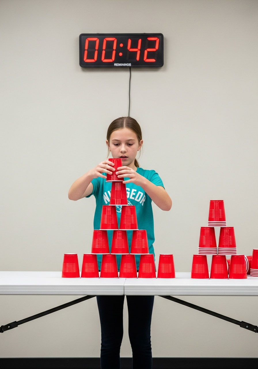10-year-old building red Solo cup pyramid during Stack Attack minute-to-win-it challenge with countdown timer