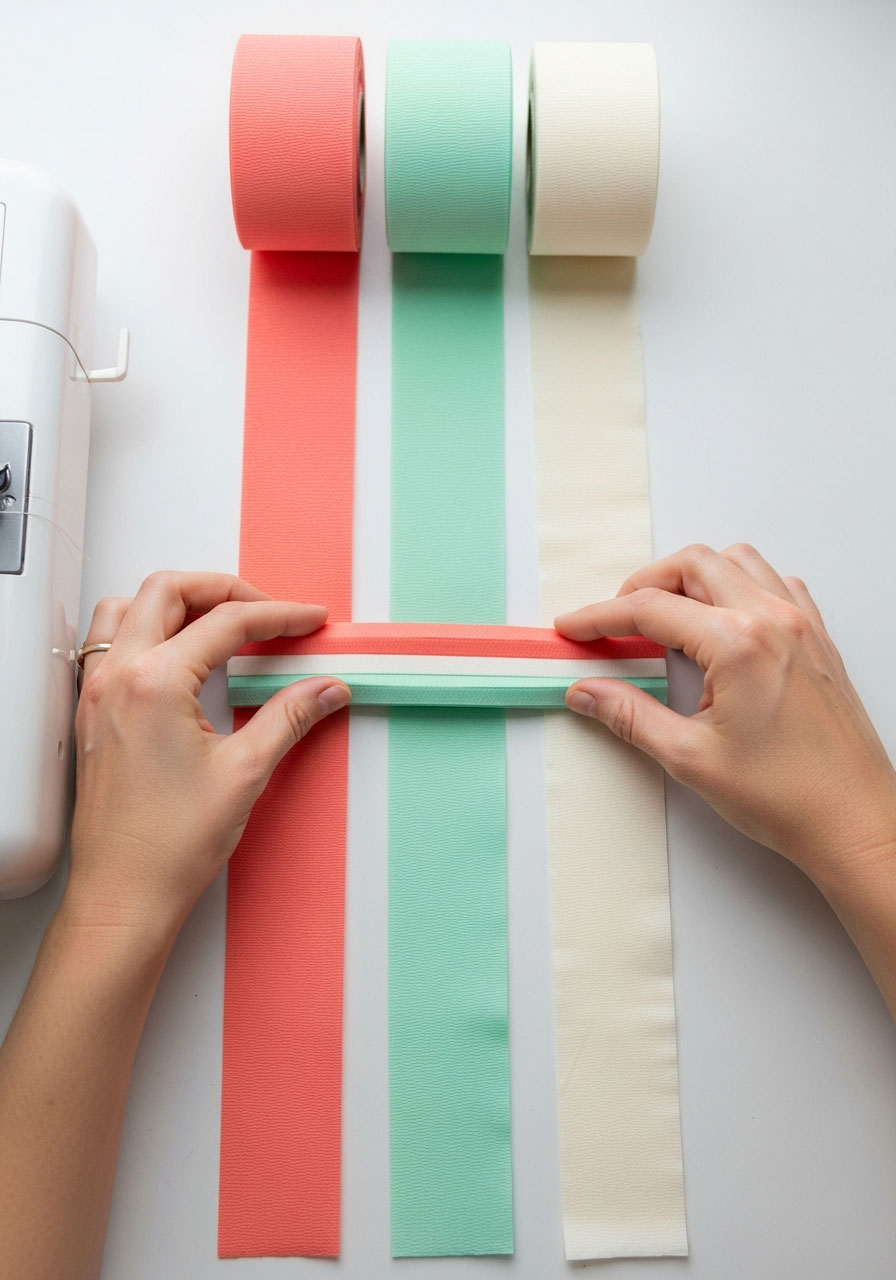 Hands stacking three colors of crepe paper streamers in neat alignment before sewing to create ruffled party decorations