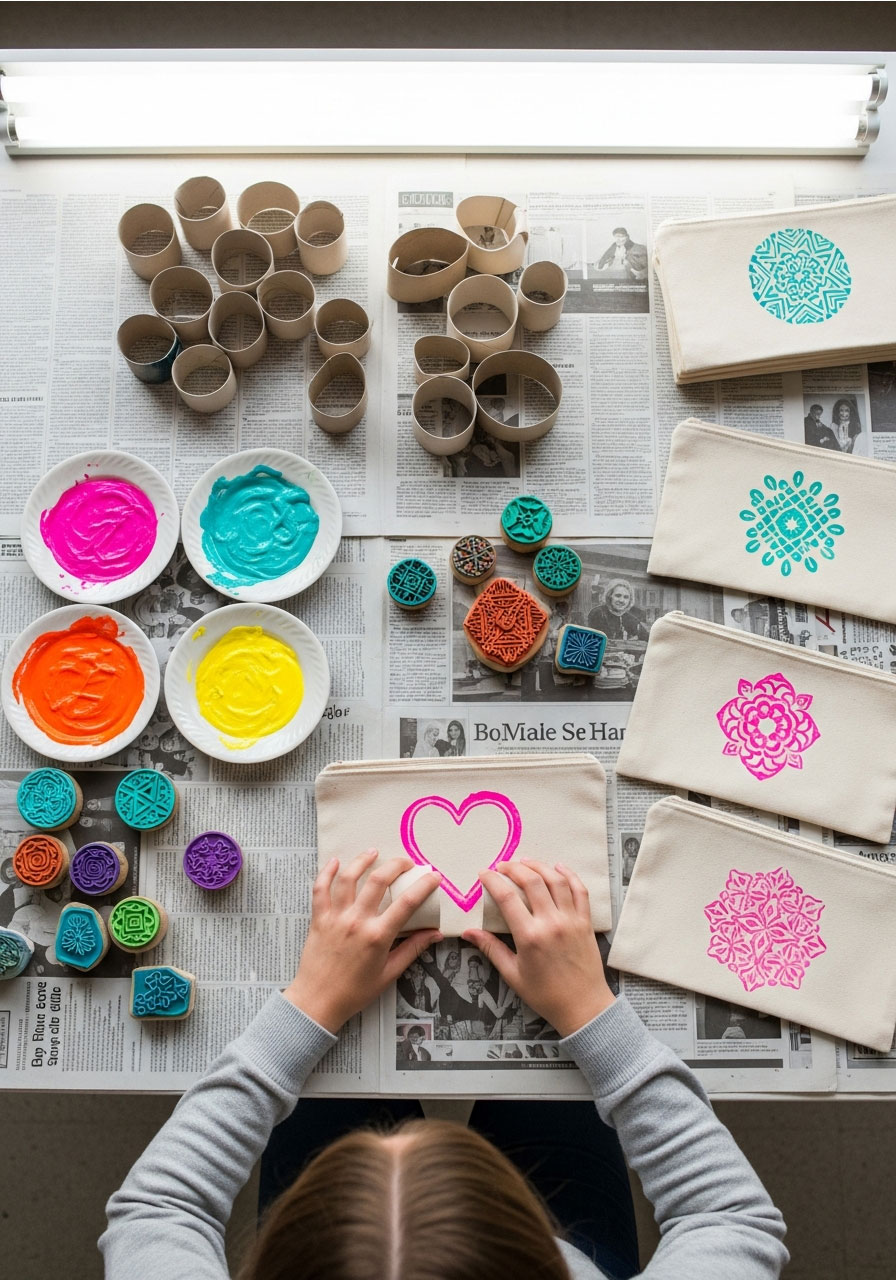 Tween stamping creative designs on canvas clutch bag using toilet paper tubes and fabric paint at birthday party