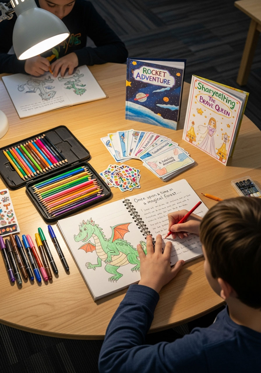 Boy writing and illustrating custom storybook with colored pencils at birthday craft table