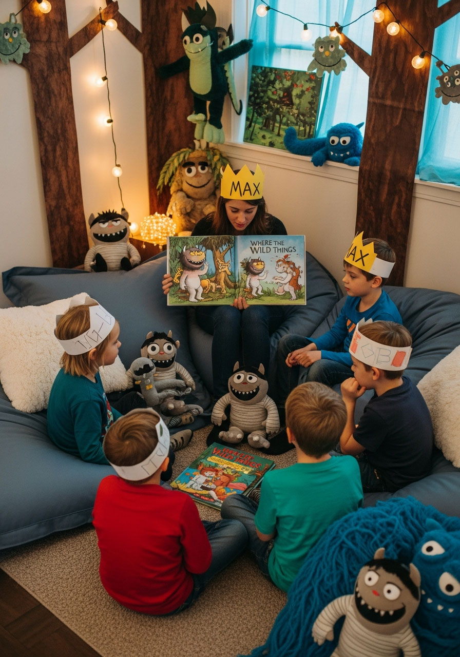 Children gathered for story reading time at enchanting storybook-themed indoor birthday party